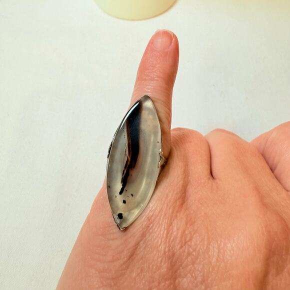 Antique Victorian Moss Agate Sterling Silver Oversized Ring Size 7 - Picture 1 of 7